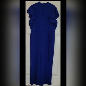 Ashley Stewart Retro Ruffle Sleeve Keyhole Blue Pantsuit 26/28 Pagent Casual